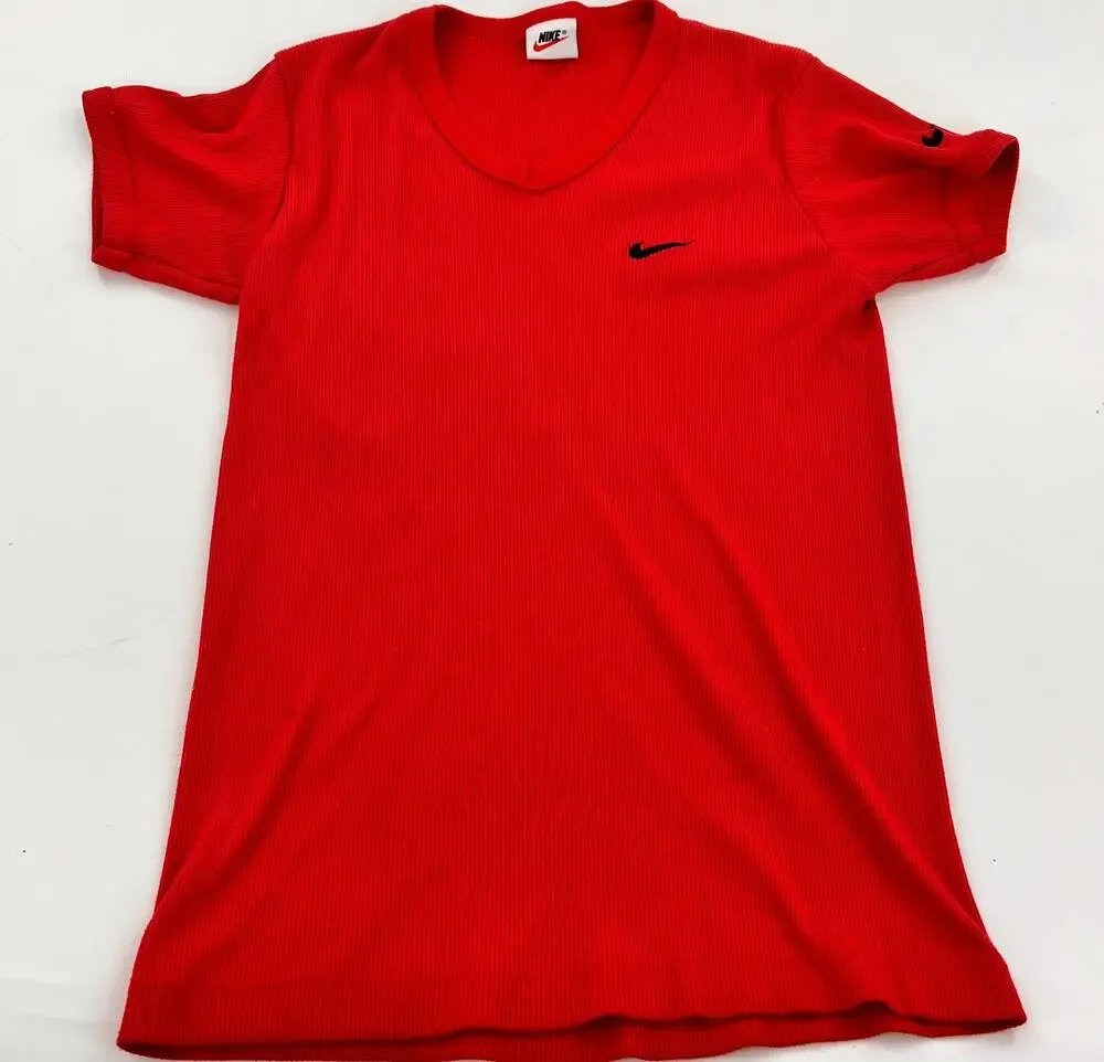 Vintage women's NIKE ribbed v- neck fitted short sleeve baby tee red black Med